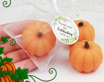 May include: Three small orange pumpkin-shaped items, one enclosed in a sheer white organza drawstring bag with a round white tag attached that reads Thank you for celebrating with us, decorated with a green leaf border and a dark brown stem.