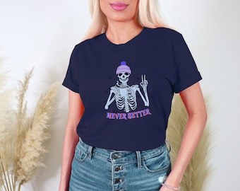 Camiseta divertida de esqueleto de Halloween: Camiseta unisex de cuello redondo