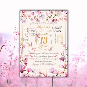 13. Geburtstagskarte zum Ausdrucken, 13 Jahre altes Mädchen Rosa Geburtstagskarte für Tochter Schwester, Enkelin, Nichte, digitaler Download, PDF, JPG, SVG