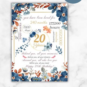 Tarjeta de cumpleaños número 20, tarjeta de cumpleaños imprimible con flores, regalo para ella, hija, novia, hermoso diseño, descarga instantánea, PDF, JPG, SVG