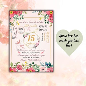 15. Geburtstagskarte zum Ausdrucken, 15 Jahre altes Mädchen Rosa Geburtstagskarte für Tochter Schwester, Enkelin, Nichte, digitaler Download, PDF, JPG, SVG