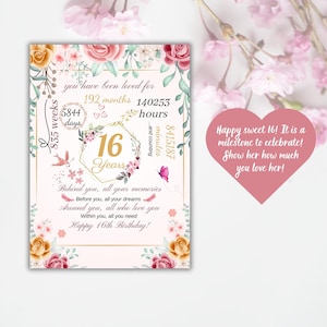 16. Geburtstagskarte zum Ausdrucken, 16 Jahre altes Mädchen rosa Geburtstagskarte für Tochter Schwester, Enkelin, Nichte, digitaler Download, PDF, JPG, SVG
