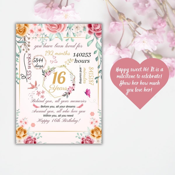 16th Birthday Card Printable, 16 Year Old Girl Pink Birthday Card for Daughter Sister, Granddaughter, Niece, Digital Download, PDF, JPG, SVG