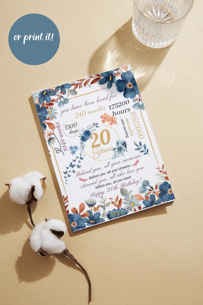 20th Birthday Card Flowers Printable Birthday Card Gift for - Etsy