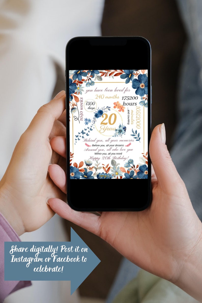 20th Birthday Card Flowers Printable Birthday Card Gift for - Etsy