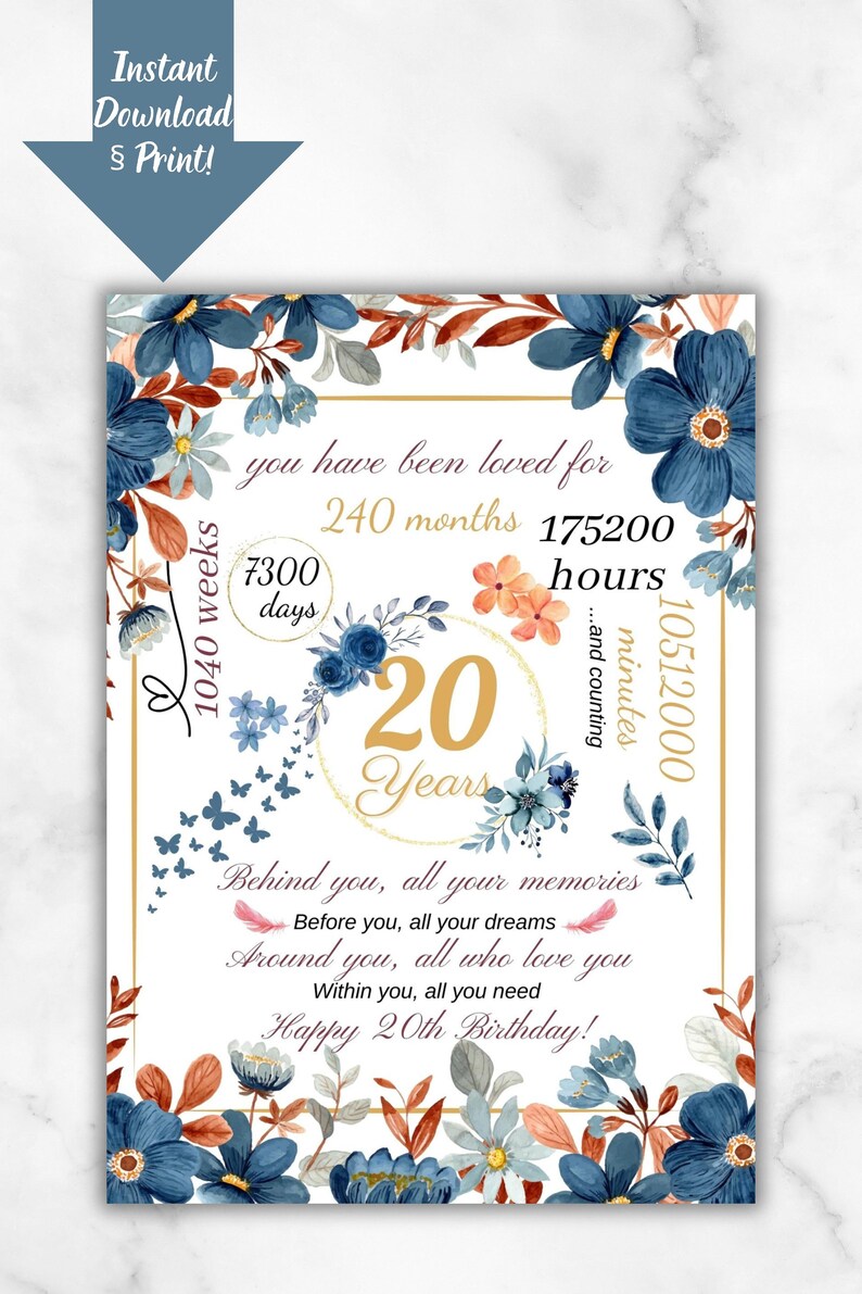 20th Birthday Card Flowers Printable Birthday Card Gift for - Etsy
