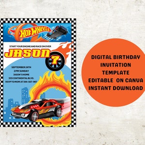 Modèle d'invitation d'anniversaire Hot Cars pour garçons, carte modifiable sur le thème des voitures Wheels pour fils, petit-fils, neveu, accès instantané et personnalisation