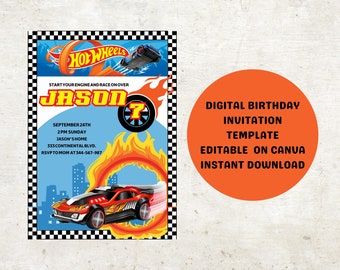 Hot Cars Birthday Invitation Template for Boys, Wheels Car Themed Editable Card for Son, Grandson, Nephew, Instant Access and Customization