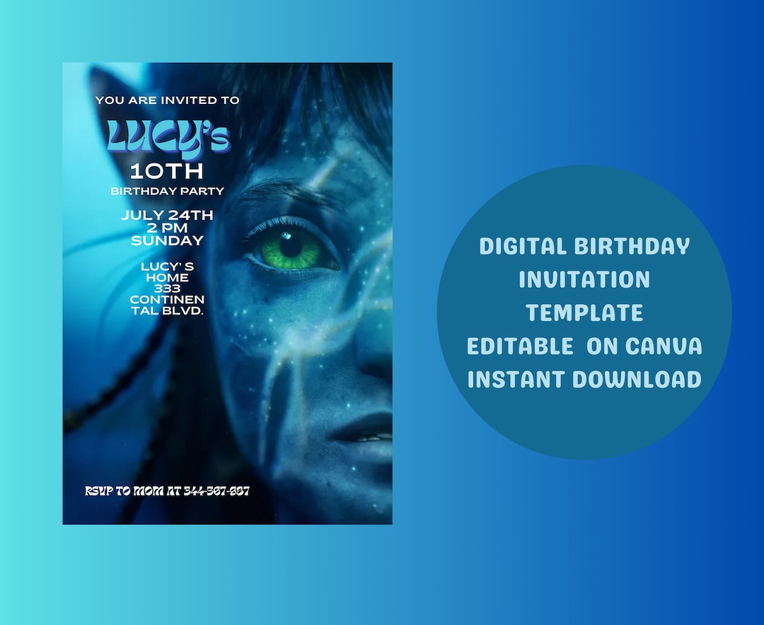 Avatar Birthday Invitation Template for Girls: Editable Card (digital ...