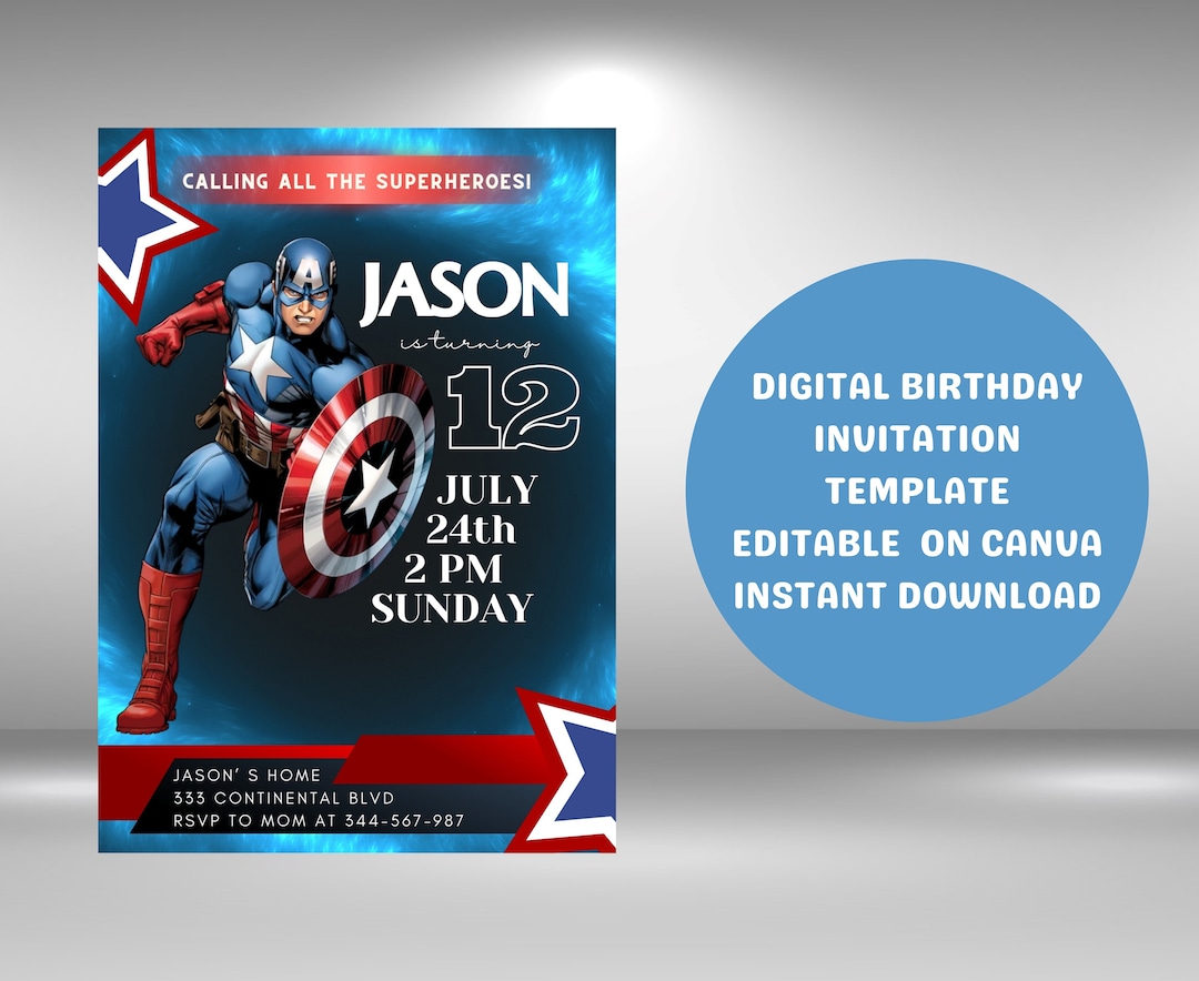 Captain America Birthday Invitation Template: Superhero Theme (digital ...