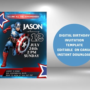以下が含まれることがあります： キャプテン・アメリカをフィーチャーしたデジタルバースデー招待状テンプレート。キャプテン・アメリカは青と赤のスーパーヒーローで、青、赤、白のシールドを持っています。招待状はCanvaで編集可能で、「Calling all the superheroes! Jason is turning 12, July 24th, 2 PM Sunday. Jason's Home, 333 Continental Blvd, RSVP to Mom at 344-567-987.」というテキストが含まれています。