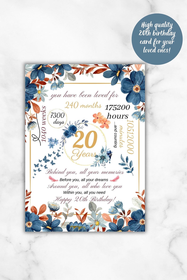 20th Birthday Card, Flowers Printable Birthday Card Gift for Her ...