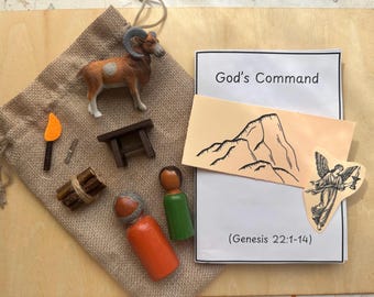 Abraham and Isaac-God’s command-prophecy series-Bible story bag-wooden peg dolls for Godly play-CGS-Montessori-Bible school
