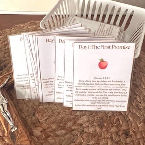 May include: A stack of white cards with text and illustrations, including a red apple, are displayed. The cards are labeled "Day 1: The First Promise" and are in a white basket on a woven surface. A religious theme is apparent.