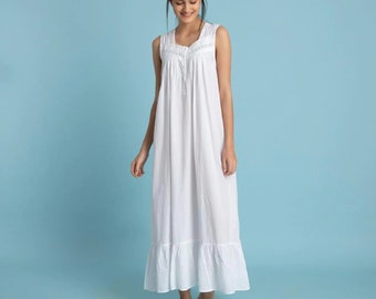 100% Cotton iconic white bohemian nightgown Victorian style sleeveless night dress sleepwear nighty