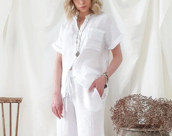 Womens white linen Two piece set. Linen pajama set,  Lightweight PJ set, Linen Loungewear Gift for Women