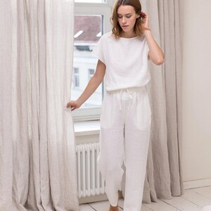 Womens white linen Two piece set. Linen pajama set,  Lightweight PJ set, Linen Loungewear Gift for Women sleepwear