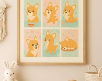 Lámina infantil de Corgi, ilustración de cachorro pastel (descarga digital) Alta resolución