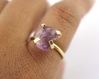 Natural Amethyst Ring: Gold Plated Brass, Adjustable Handmade Band