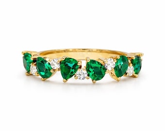 Pear Emerald Engagement Ring - Stackable Handmade Gemstone Ring For Girlfriend
