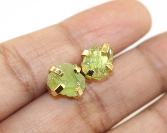 Raw Peridot Stud Earrings: 18k Gold Prong, August Birthstone