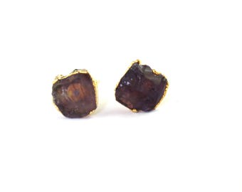 18k Gold Garnet Studs: Natural Rough Gemstone Earrings