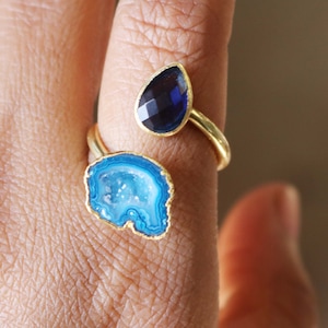 Handmade Blue Quartz & Cup Drusy Brass Ring - Adjustable