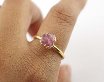 Natural Pink Tourmaline Ring: Handmade Gold Plated Brass, Adjustable