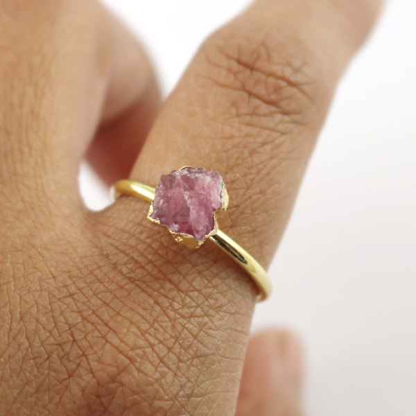 Natural Pink Tourmaline Ring, Brass Gold Plated Ring, Adjustable Handmade Electroplated Ring