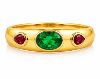 Gold Plated Sterling Silver Emerald Ruby Three Stone Ring, Statement Gemstone Band