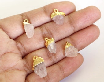 14k Gold Electroplated Plated, Natural Rose Quartz Rough Pendant, Gemstone Pendant, January Birthstone Charms