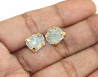 Aquamarine Rough Gemstone Studs: 18k Gold Prong Earrings, March Birthstone