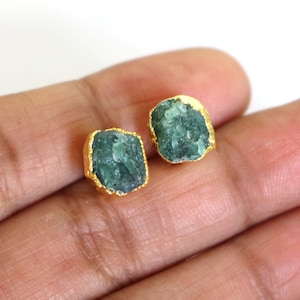 Emerald Studs: 18k Gold Electroplated Rough Gemstone Earrings