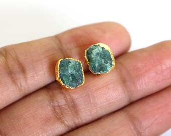 Emerald Studs: 18k Gold Electroplated Rough Gemstone Earrings