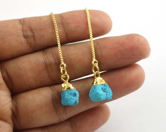 Natural Turquoise Threader Earrings: 18k Gold Plated Dangle