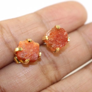 Genuine Sunstone Stud Earrings: 18k Gold Prong, Rough Gemstone