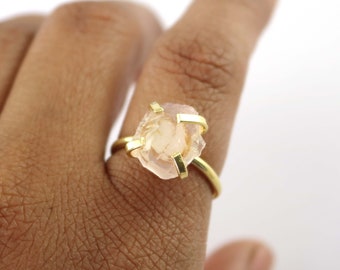 Handmade Rose Quartz Ring: Gold Plated Brass, Adjustable Prong Setting