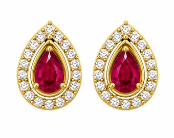 Sterling Silver Pear Ruby Halo Stud Earrings – Dainty Jewelry For Women Gift