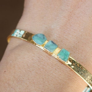 Natural Emerald Raw Bangle, 18k Gold Electroplated Bracelet, May Birthstone Cuff Bracelet