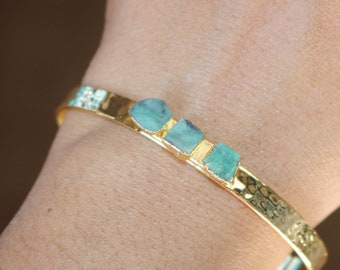 Natural Emerald Raw Bangle, 18k Gold Electroplated Bracelet, May Birthstone Cuff Bracelet