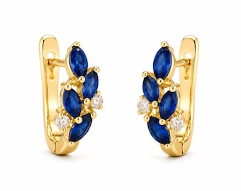 Sapphire Blue Marquise CZ Hoop Earrings - Sterling Silver Gold Plated Handmade Dainty Earrings For Women - Birthday Gift For Her