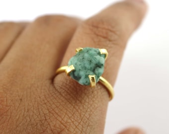 Handmade Brass Gold Plated Emerald Ring - Adjustable Promise Ring