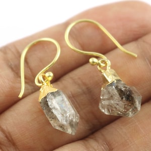 Herkimer Diamond Dangle Earrings: 18k Gold Electroplated, April Birthstone