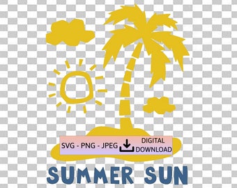 Sonnenuntergang & Palmen, Sommersonne, sofortiger digitaler Download, SVG-, Png- und JPEG-Dateien enthalten, Tropisch, Urlaub, Meer, Strand, Retro, Datei