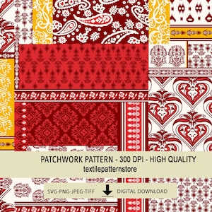 Puede incluir: Un diseño de patrón de patchwork con motivos florales y paisley rojos, blancos y amarillos. El diseño incluye el texto "PATCHWORK PATTERN - 300 DPI - HIGH QUALITY" y "textilepatternstore". La imagen también incluye el texto "SVG-PNG-JPEG-TIFF" y "DIGITAL DOWNLOAD".
