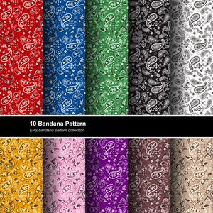 May include: Ten different bandana patterns are shown, each with a paisley design. The colours include red, blue, green, black, and white. The text "10 Bandana Pattern" is displayed at the bottom of the image.