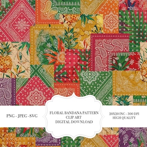 Peut inclure: Un motif numérique composé d'un patchwork d'imprimés bandana colorés avec des motifs cachemire, des illustrations d'ananas et des feuilles tropicales en rouge, vert, orange et violet. Texte : FLORAL BANDANA PATTERN CLIP ART DIGITAL DOWNLOAD, PNG - JPEG - SVG, 20X20 INC - 300 DPI HIGH QUALITY.