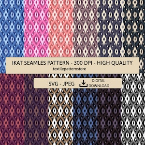 Może przedstawiać: Zestaw dziesięciu cyfrowych wzorów ikat bez szwów w różnych kombinacjach kolorów. Wzory mają geometryczny wzór diamentowy z białym tłem i kolorowymi akcentami. Wzory mają rozdzielczość 300 DPI i wysoką jakość.
