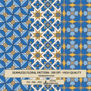 Pode incluir: Dois padrões florais sem costura em azul, amarelo e branco. Os padrões são geométricos e apresentam designs intrincados. O texto "SEAMLESS FLORAL PATTERN - 300 DPI - HIGH QUALITY" está na parte inferior da imagem.
