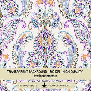 Puede incluir: Un patrón textil sin costuras con un diseño de cachemira repetido en tonos de morado, azul, naranja y marrón sobre un fondo crema. El diseño incluye formas florales y de lágrima. El texto "TRANSPARENT BACKROUND - 300 DPI - HIGH QUALITY textilepatternstore" es visible.